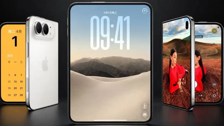 Katlanabilir telefon tasarımını gösteren iPhone Duo tanıtım görseli
