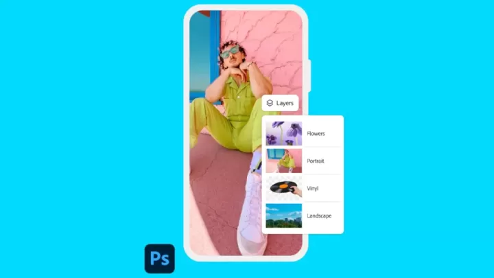 Photoshop mobil uygulamasını tanıtan, katman ve görsel seçeneklerinin yer aldığı telefon ekranı