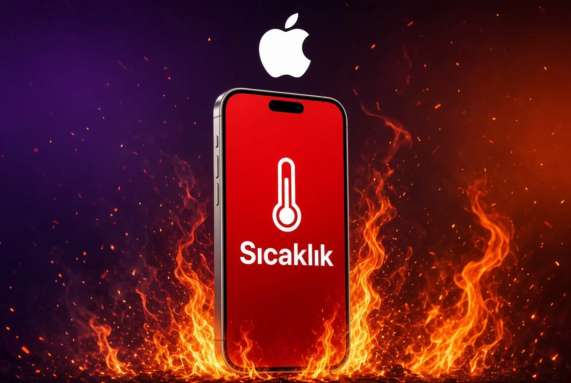 Alevler önünde ekranda sıcaklık simgesi bulunan iPhone görseli.