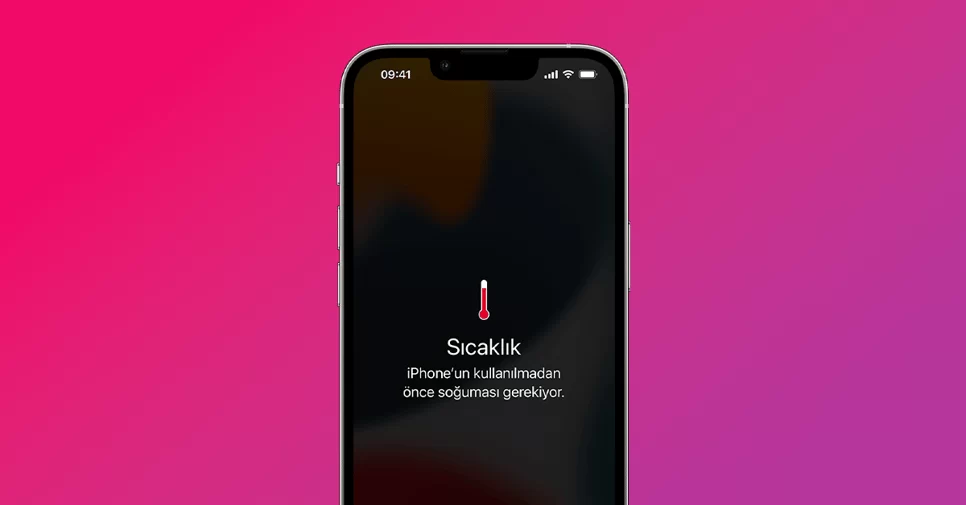 Ekranında sıcaklık uyarısı bulunan iPhone görseli.