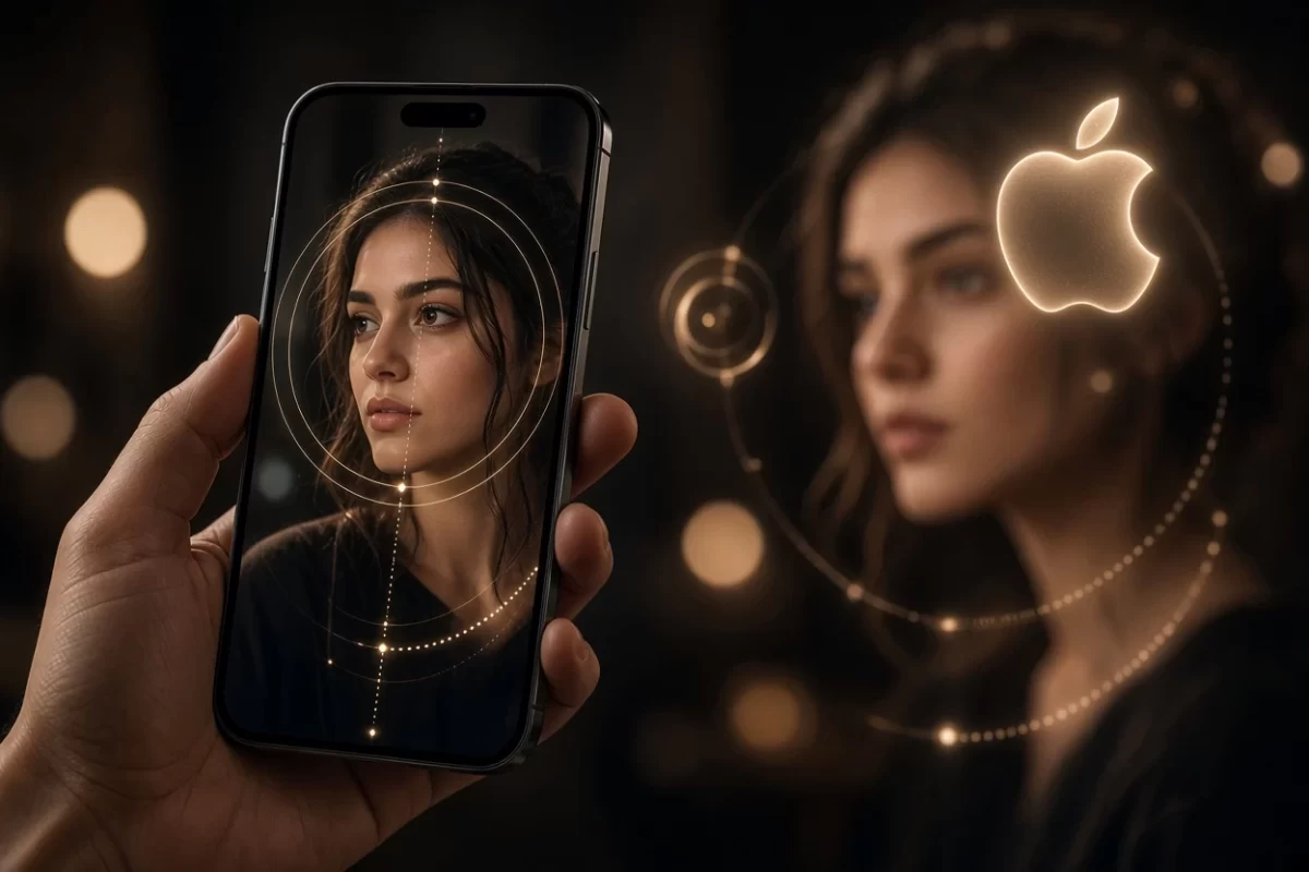 Bir iPhone ekranında portre görüntüsü ve yanında bulanık bir portre yer alıyor.