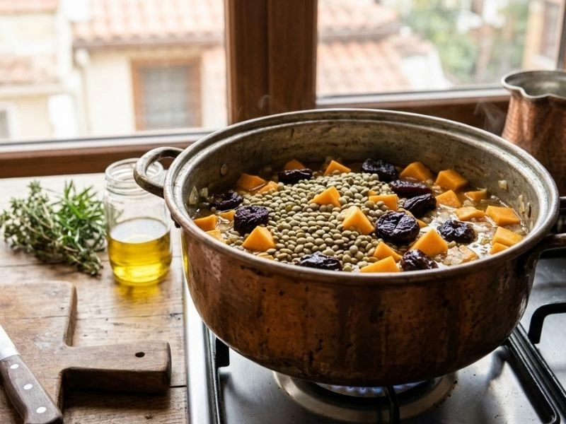 Tencerede kışlık kabak, yeşil mercimek ve kuru erik