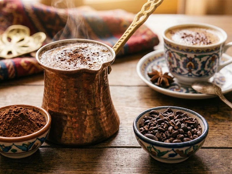 Cezvede kahve ve çevresinde kakao ile çikolata parçaları