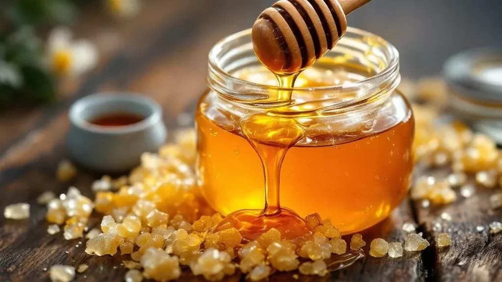 Bal kavanozundan bal, ahşap bir bal kaşığıyla akıtılıyor; çevrede bal peteği parçaları görülüyor.