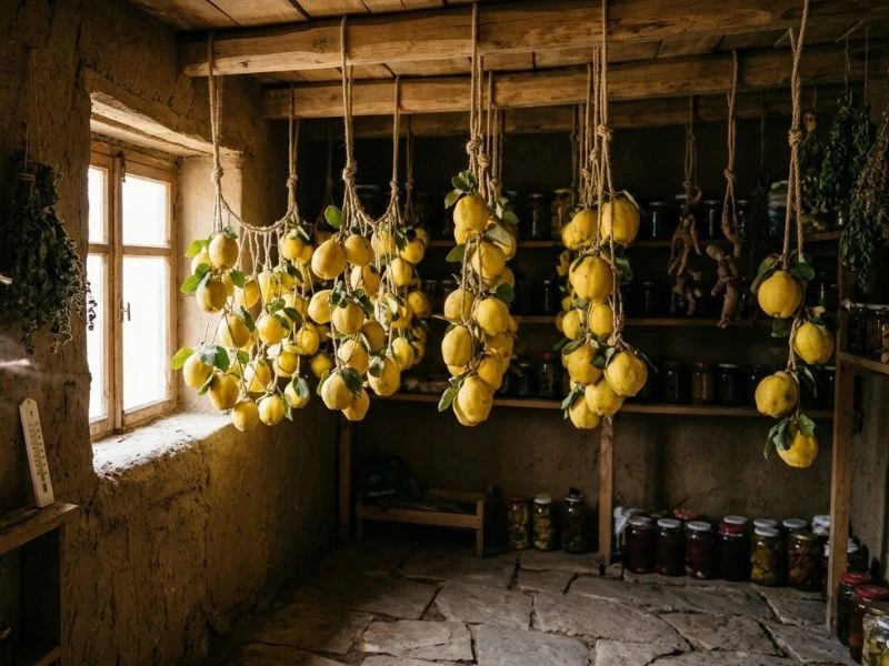 Serin ve havadar kilerde iplerle asılmış ayvalar