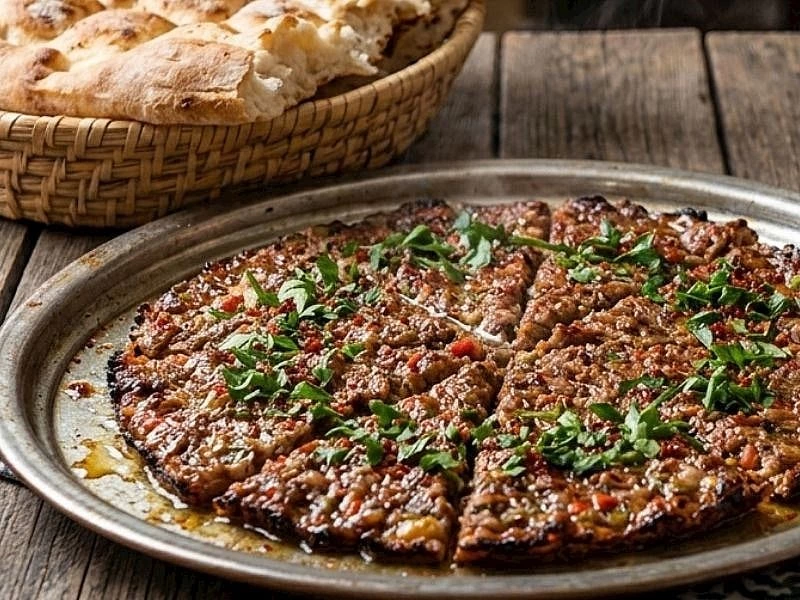 Maydanozla süslenmiş, dilimlenmiş Kilis tava ve yanında pide