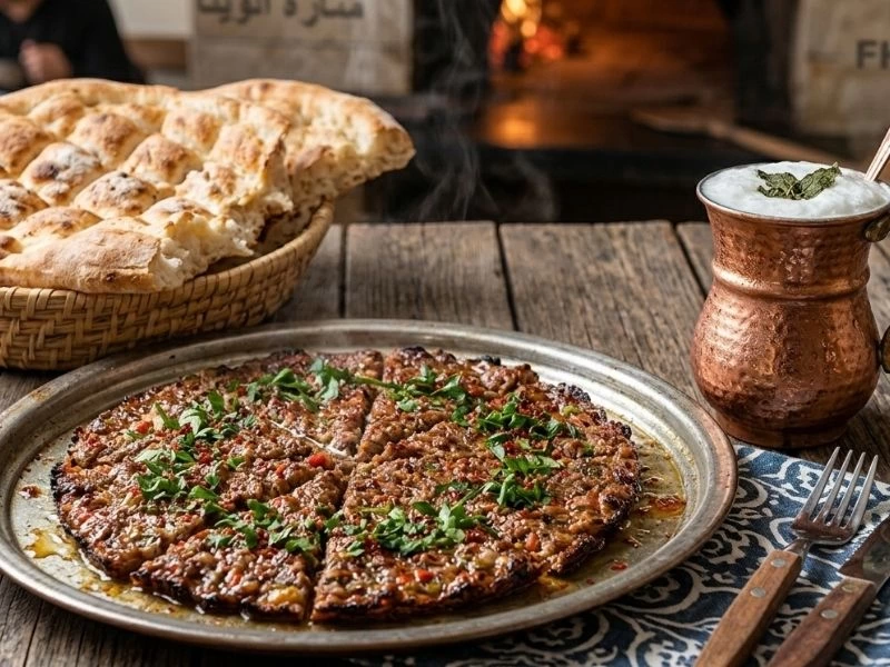 Taş fırın önünde pide ve ayranla servis edilen Kilis tava