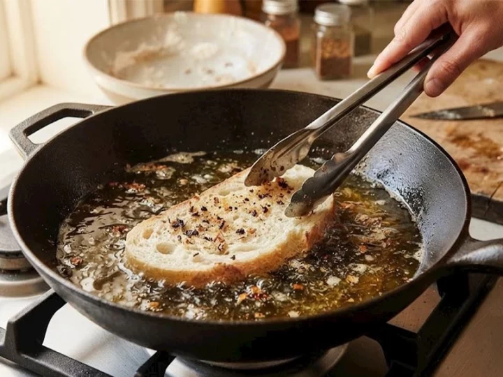 Maşa yardımıyla kızartma yağındaki ekmek diliminin tutulması
