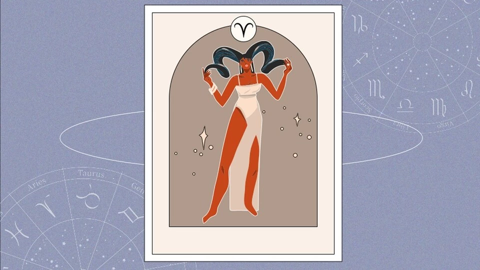 Koç burcu simgesini taşıyan astroloji kartı ve burç çemberi
