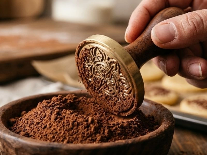 Kurabiye mührünün kakao tozuna batırılması