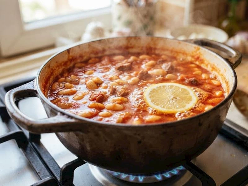 Tencerede pişen kuru fasulyenin üzerinde bir dilim limon