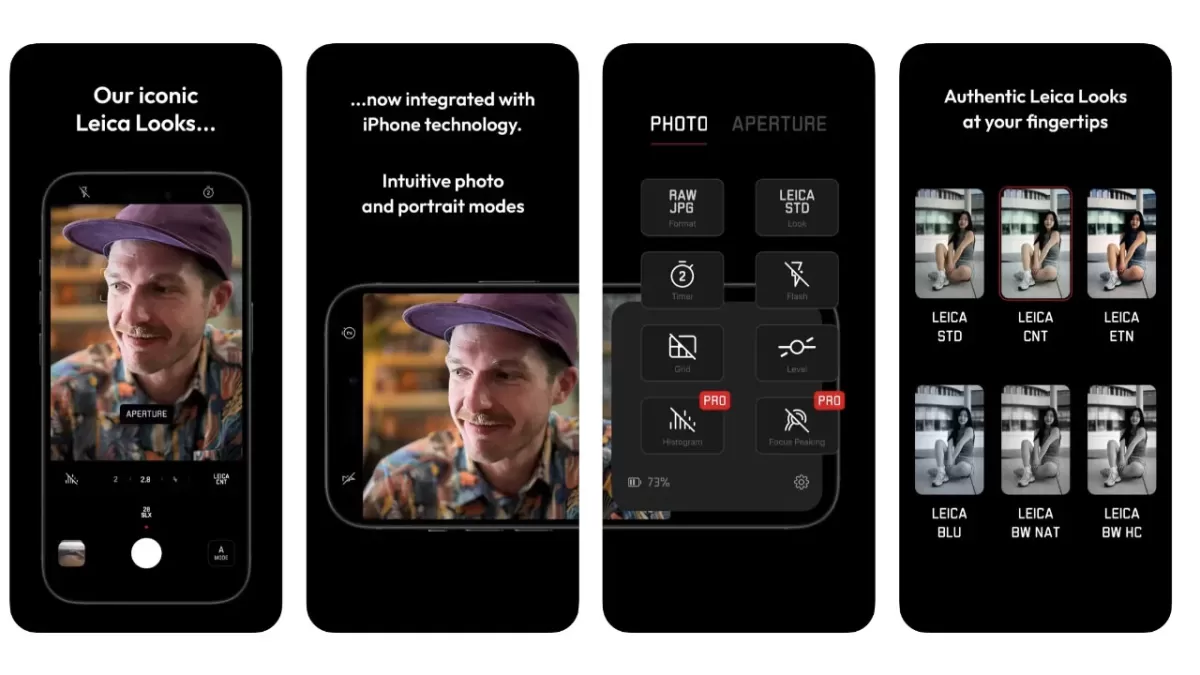 Leica LUX kamera uygulamasını tanıtan dört iPhone ekranı