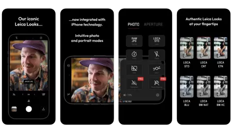 Leica LUX kamera uygulamasını tanıtan dört iPhone ekranı