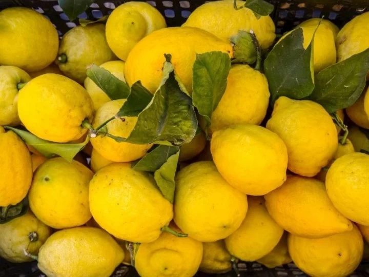 Market reyonunda yapraklarıyla birlikte duran sarı limonlar
