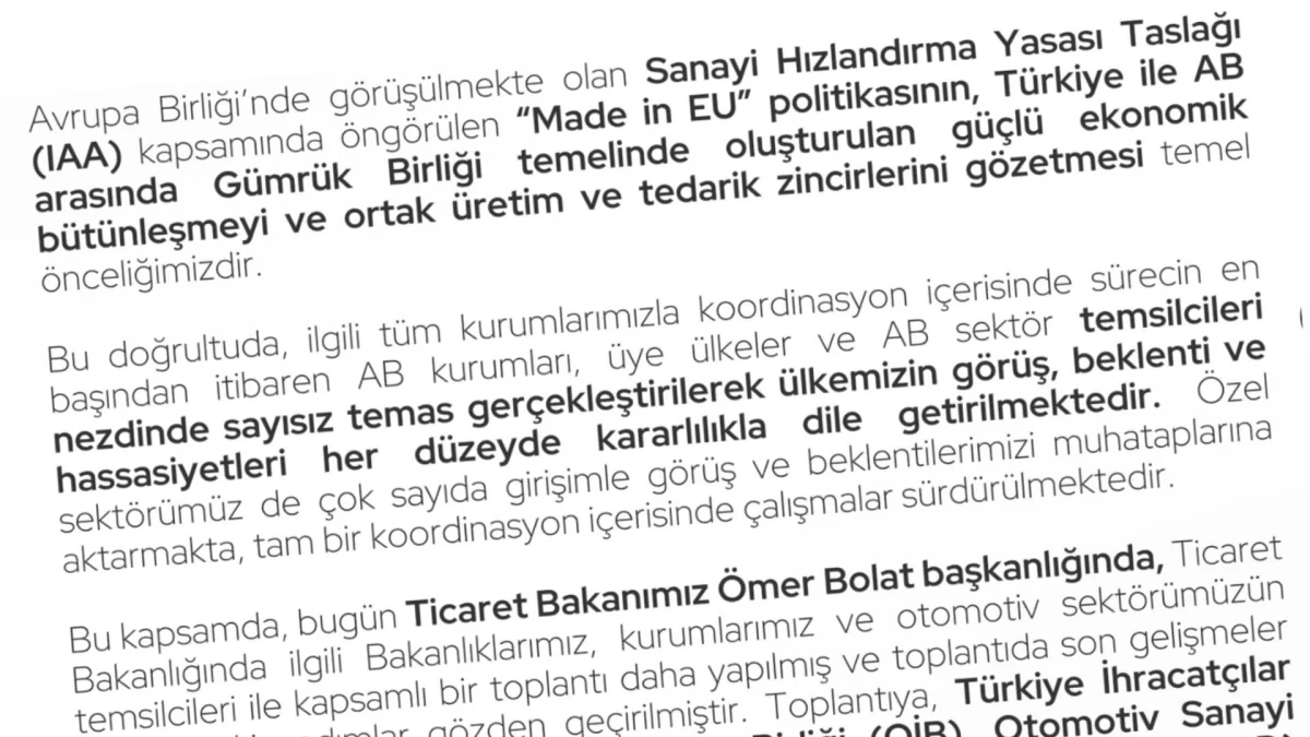 Ticaret Bakanlığı’nın “Made in EU” politikası açıklamasından alıntıların yer aldığı metin görseli