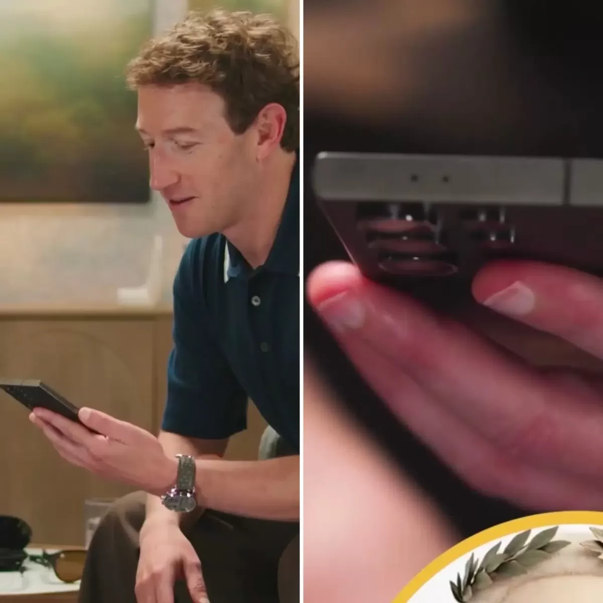 Mark Zuckerberg elindeki telefonu inceliyor; yanında telefonun yakın plan görüntüsü