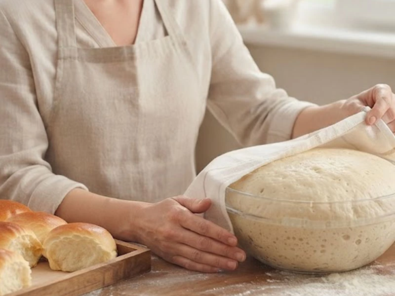Üzeri örtülü ve kabarmış mayalı hamur kasesi