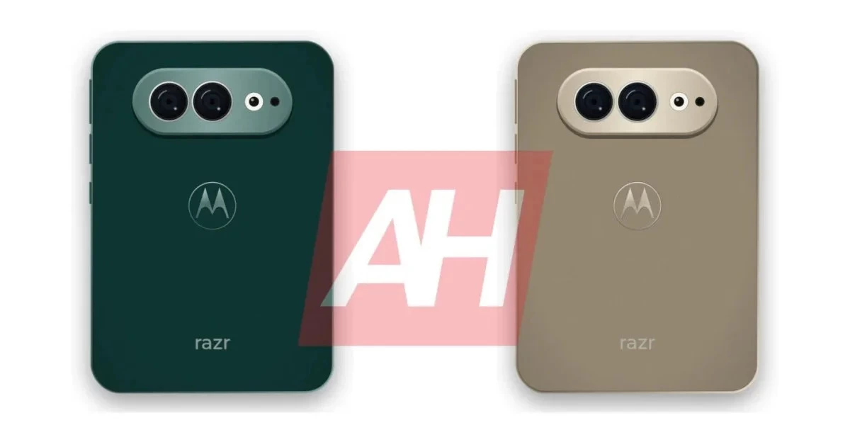 Motorola logolu yeşil ve bej renkli iki katlanabilir telefonun arka yüzü