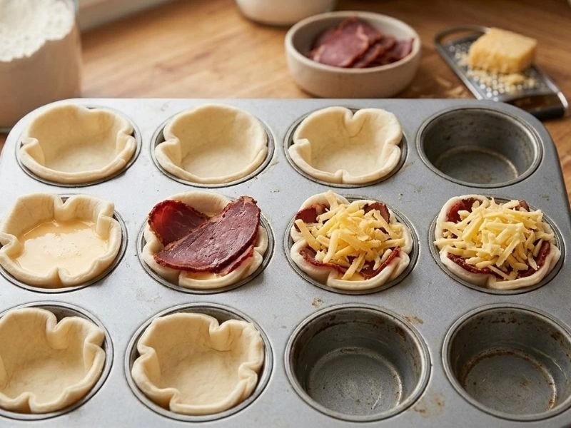 Muffin kalıplarındaki hamurlara yumurta, pastırma ve rendelenmiş peynir eklenmesi