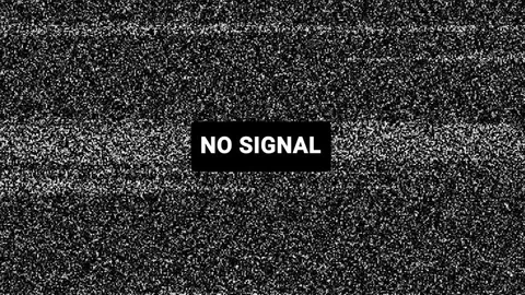 Siyah beyaz televizyon parazitinin ortasında NO SIGNAL yazısı