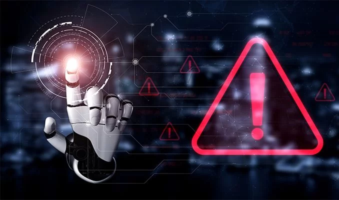 Yapay zekâ robot eli ve kırmızı uyarı simgesi
