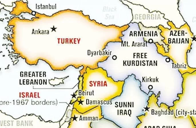 Ortadoğu haritasında Türkiye, Suriye ve Irak ile “Free Kurdistan” ve “Sunni Iraq” etiketleri görülüyor.