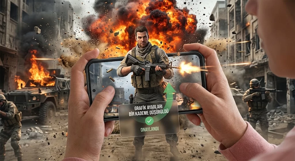 Telefonda mobil oyun oynayan kişi ve oyun grafik ayarı ekranı