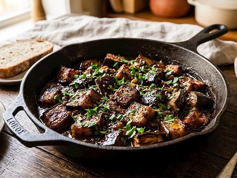 Tavada pişmiş, maydanozla süslenmiş baharatlı patlıcan yemeği