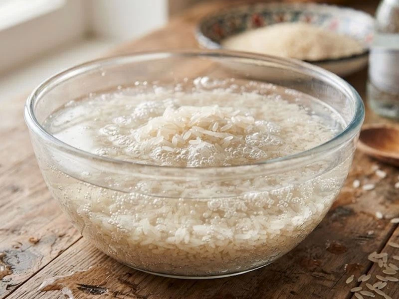 Cam kâsede su içinde bekletilen pirinç taneleri