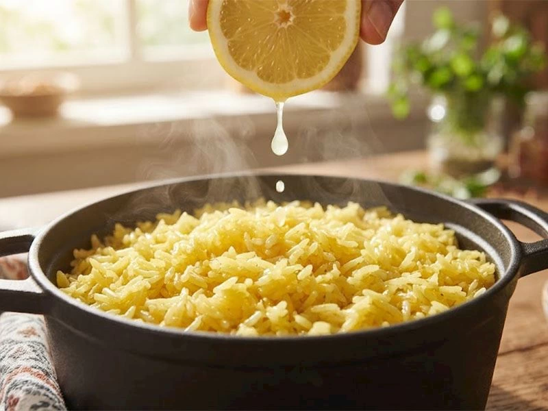 Tenceredeki pirinç pilavına limon sıkan el