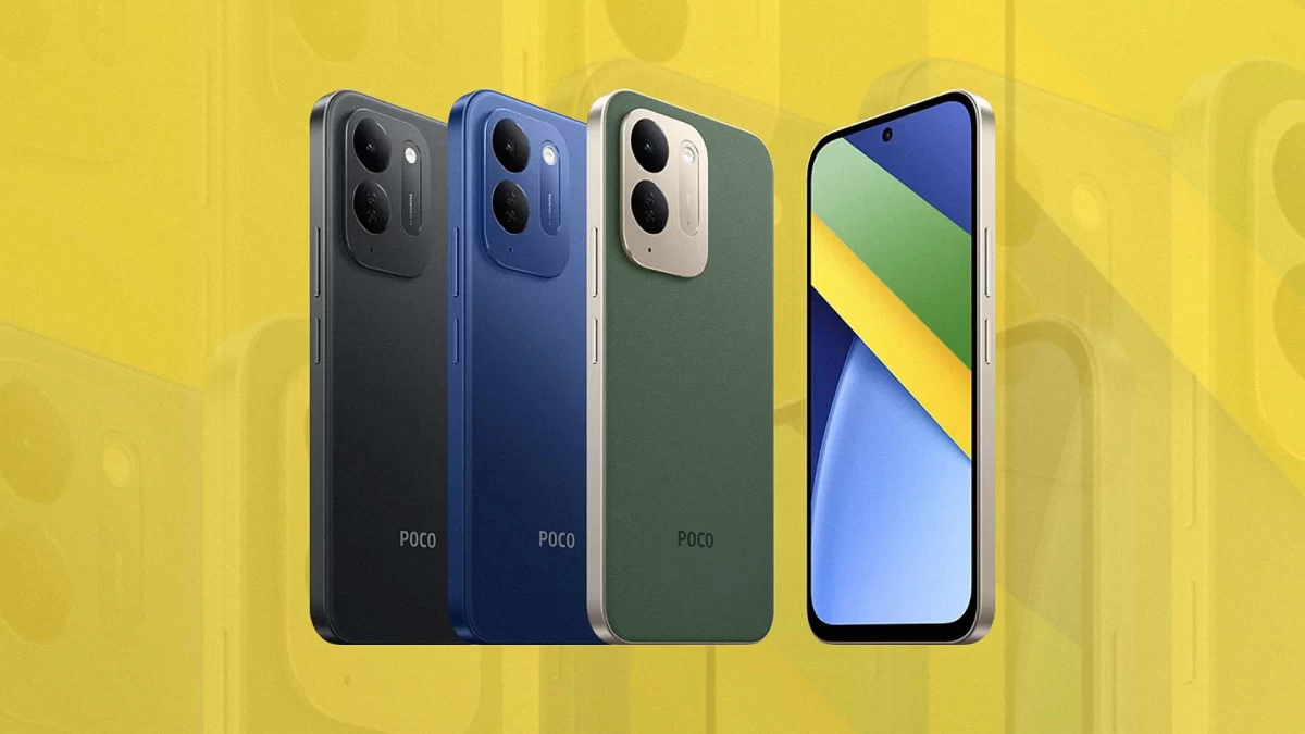 POCO C95 Pro telefonun farklı renk seçenekleri ve ön yüzü
