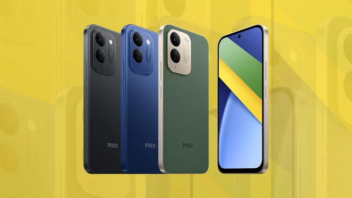 POCO C95 Pro telefonun farklı renk seçenekleri ve ön yüzü