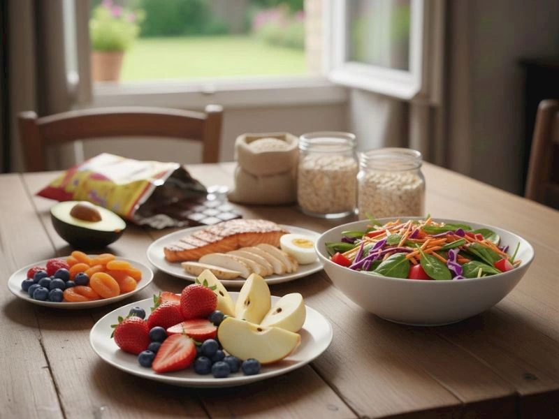 Masada meyveler, salata, tahıllar ve farklı yiyeceklerin bulunduğu öğün