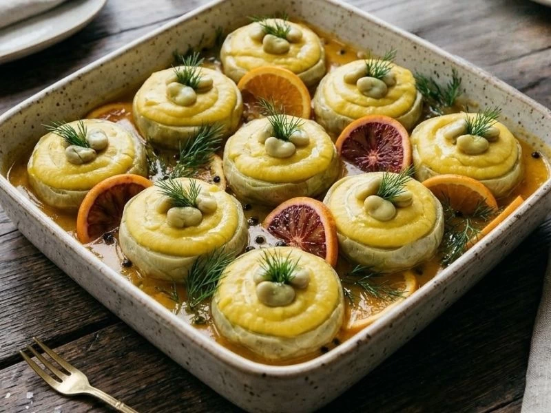 Portakal dilimleri ve dereotuyla sunulan fava dolgulu enginarlar