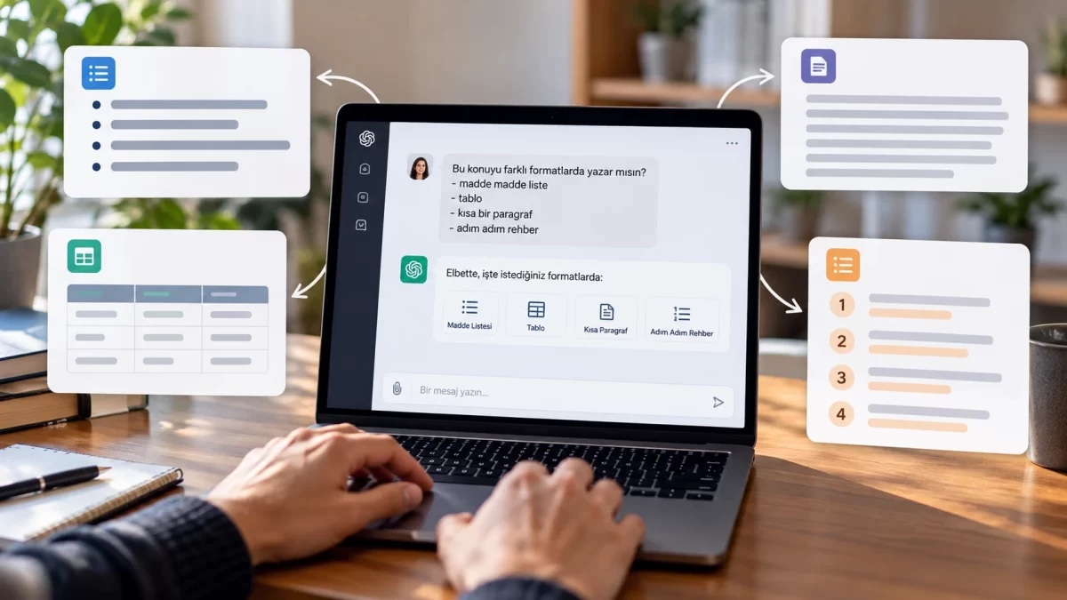 Dizüstü bilgisayardaki yapay zekâ arayüzünde liste, tablo ve farklı çıktı biçimleri gösteriliyor.