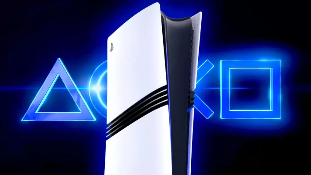 PS5 Pro konsolu, mavi ışıklı PlayStation sembollerinin önünde