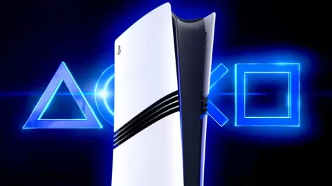 PS5 Pro konsolu, mavi ışıklı PlayStation sembollerinin önünde