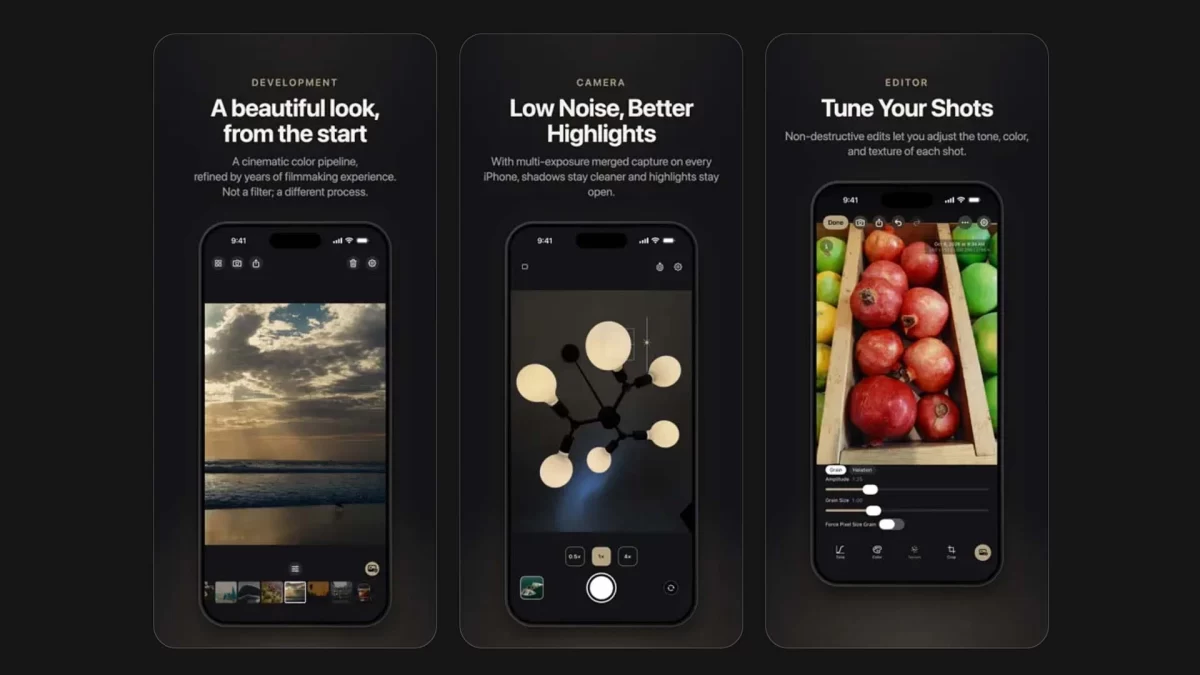 Chromagraph Camera uygulamasının özelliklerini gösteren üç iPhone ekranı