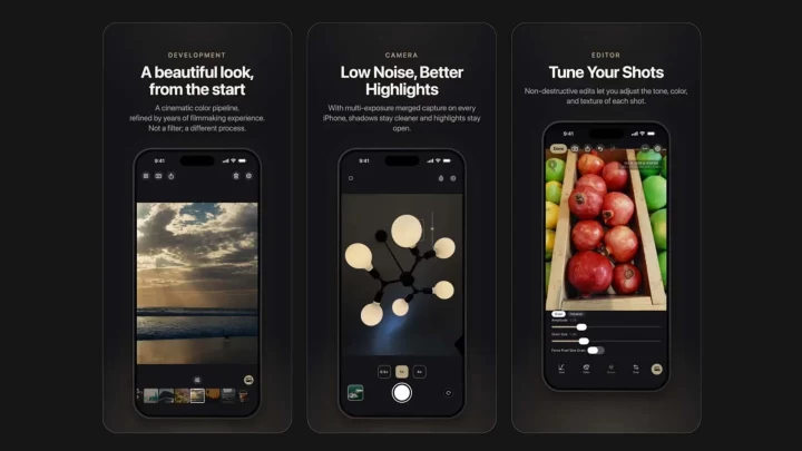 Chromagraph Camera uygulamasının özelliklerini gösteren üç iPhone ekranı