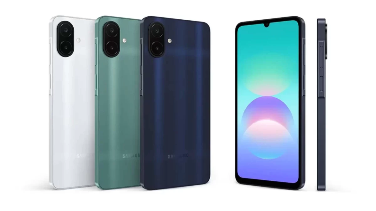 Samsung Galaxy A08 telefonlarının farklı renkleri ve ön ile yan görünümleri