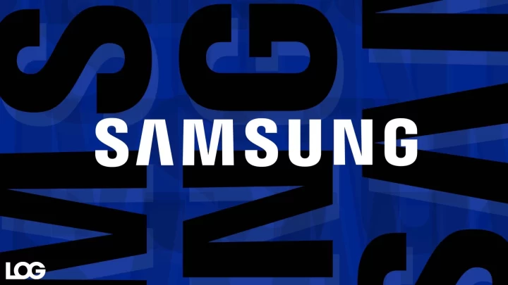 Mavi ve siyah grafik tasarım üzerinde beyaz Samsung logosu