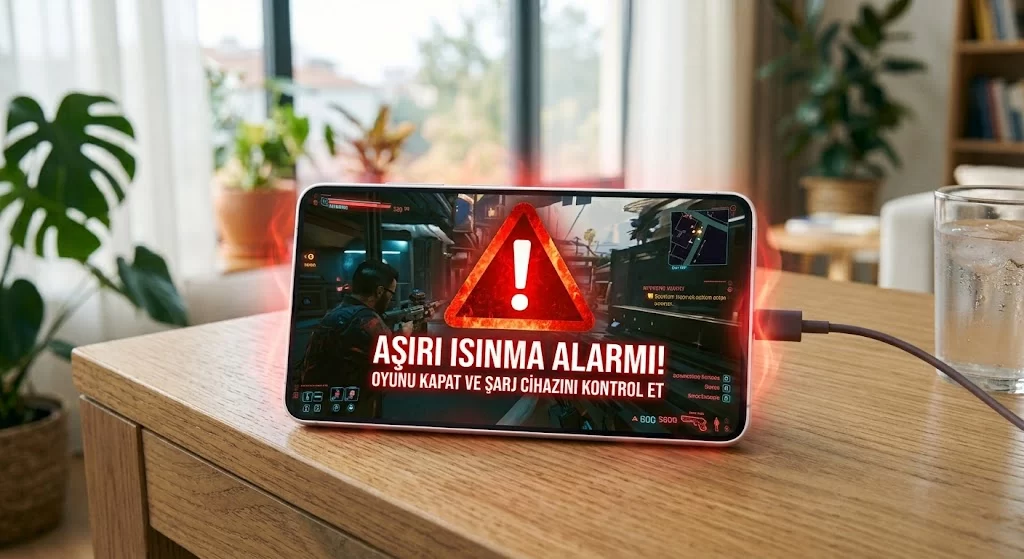 Masa üzerinde şarj kablosuna bağlı telefonun ekranında aşırı ısınma uyarısı