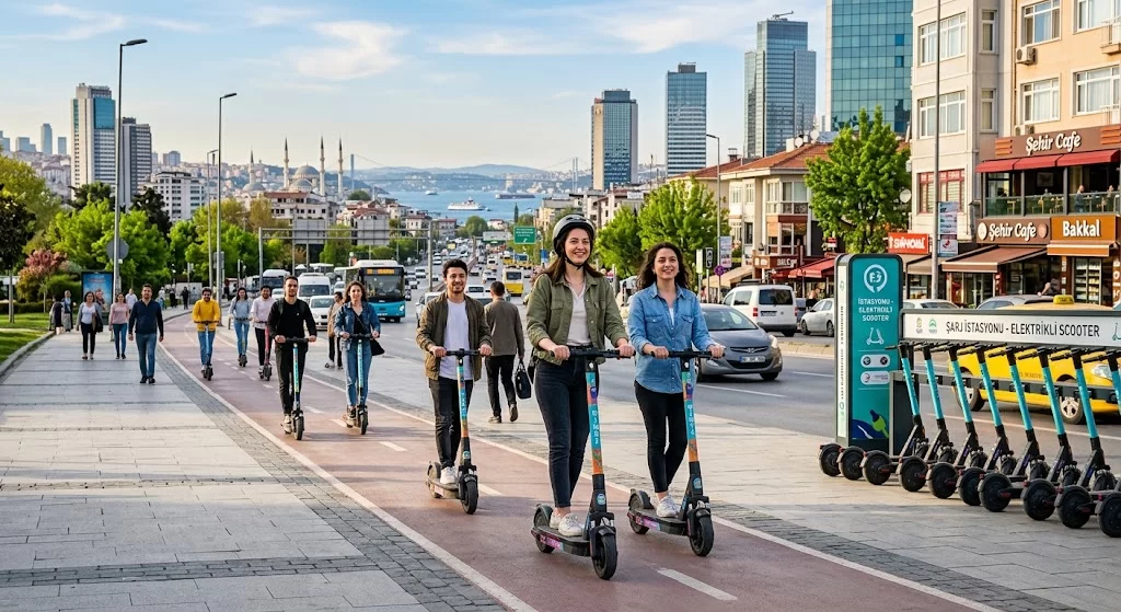 Akşam ışığında elektrikli scooter kullanan bir kişinin ayakları ve scooter’ın tekerleği yakın planda.