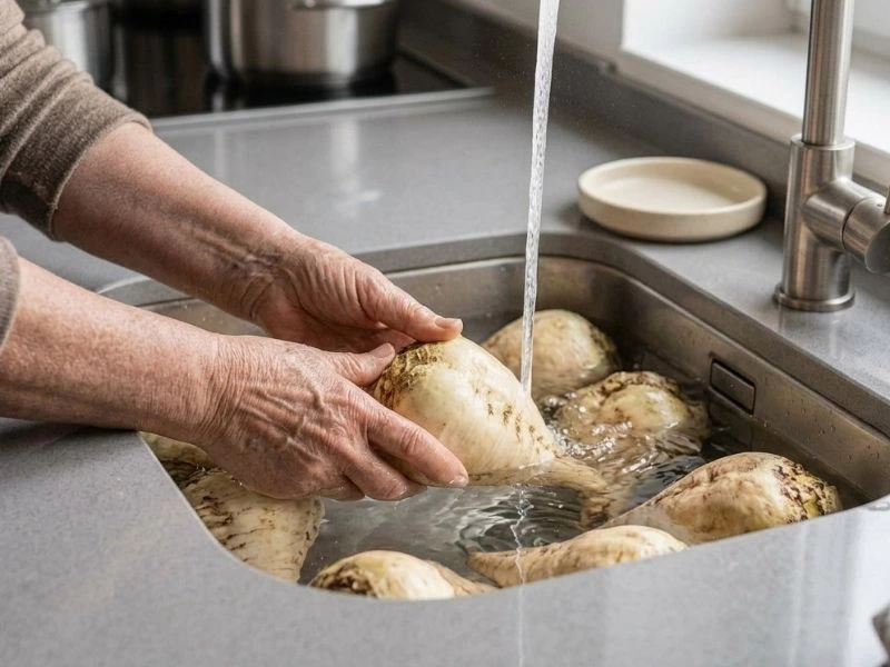 Şeker pancarlarının mutfak lavabosunda su altında yıkanması
