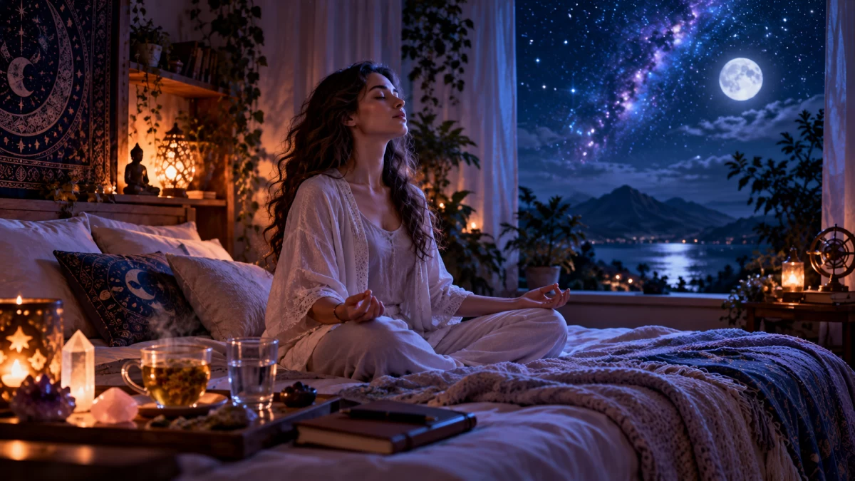 Loş odada yatakta meditasyon pozisyonunda oturan bir kişi; pencerede yıldızlı gökyüzü ve ay görünüyor