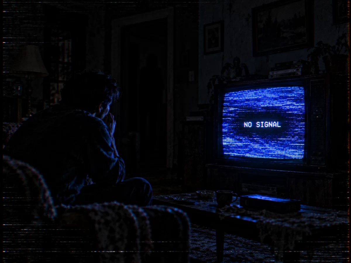 Karanlık odada televizyon ekranındaki NO SIGNAL yazısını izleyen kişi