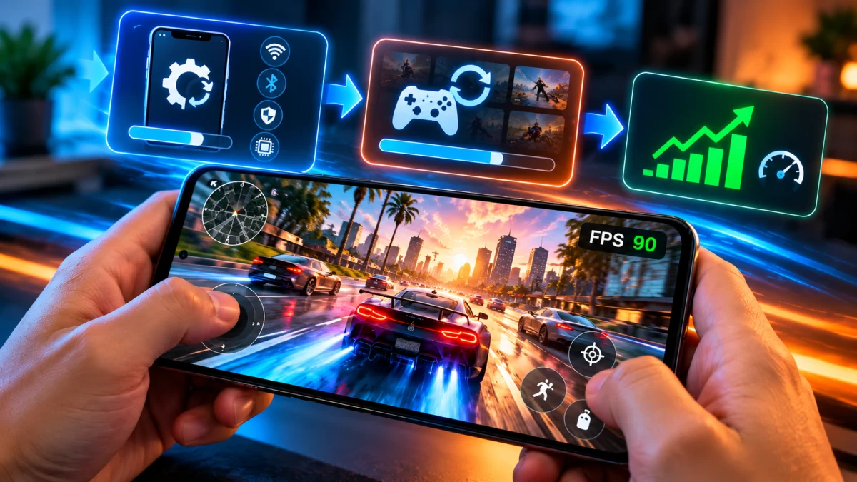 Mobil oyun oynanan telefonda FPS göstergesi ve oyun güncellemesini temsil eden simgeler
