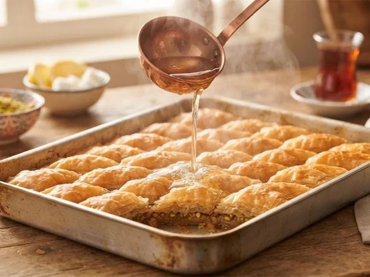 Tepsideki baklavanın üzerine kepçeyle şerbet dökülüyor