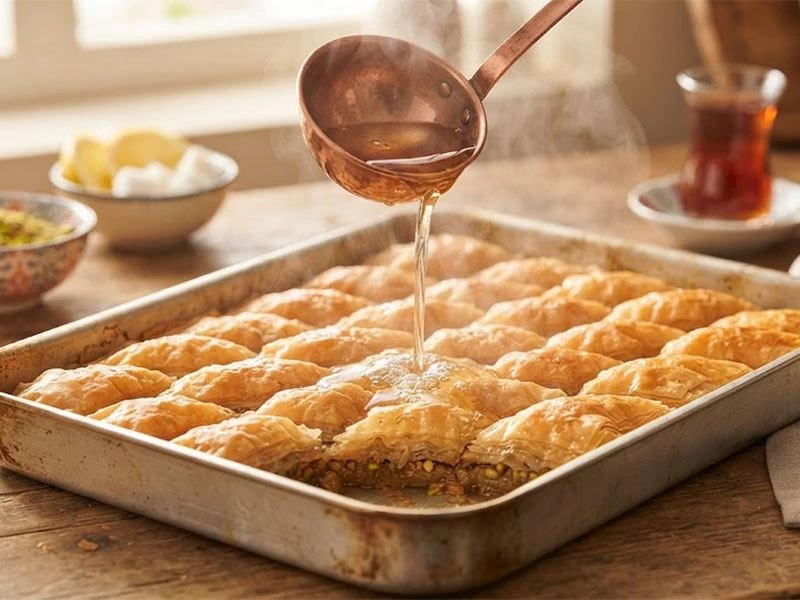 Tepsideki baklavanın üzerine kepçeyle şerbet dökülüyor