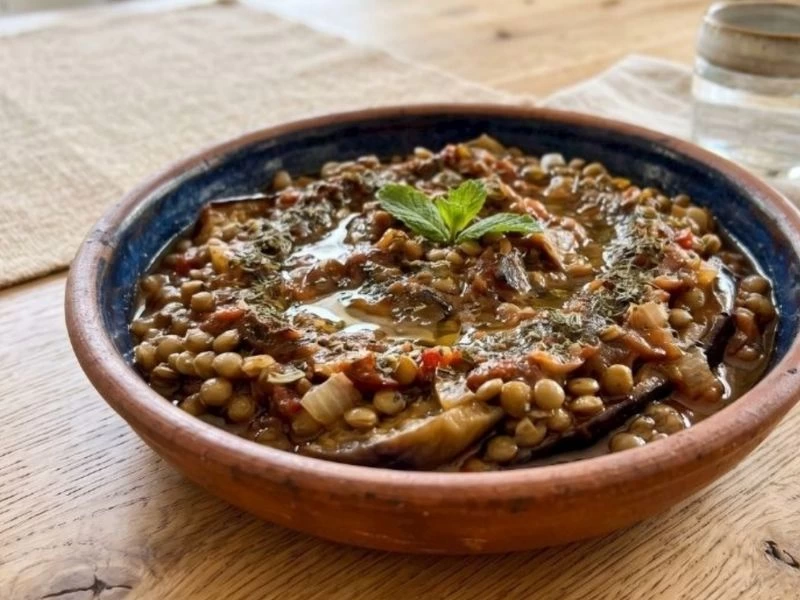 Patlıcanlı ve yeşil mercimekli yemek servis tabağında